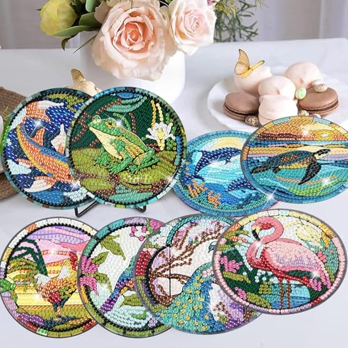 Meothan 8 Pcs Animals Diamond Art Coasters Kit for Adults with Holder 4x4in