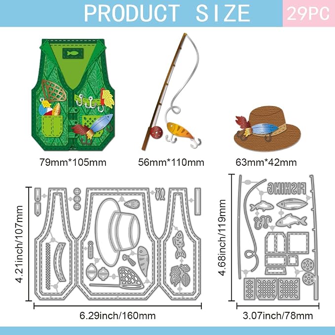 GLOBLELAND Fishing Vest Hat Cutting Dies for Card Making Fishing Rod Cut Die for DIY Scrapbooking Journal Embossing Paper Craft Decor