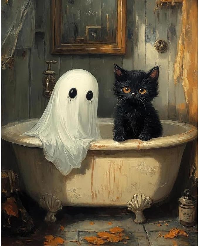 Clendo Halloween Paint by Numbers Kit for Adults, Ghost Oil Painting by Numbers with Brushes, Black Cat Art and Crafts Canvas Kit for Beginner Home Decor 16x20 inch / 40x50 cm