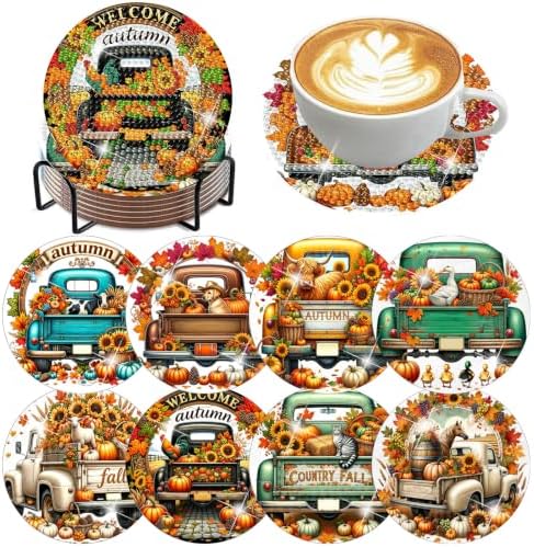 8 Pack Diamond Art Coasters,Autumn Truck Diamond Painting Coasters Kits