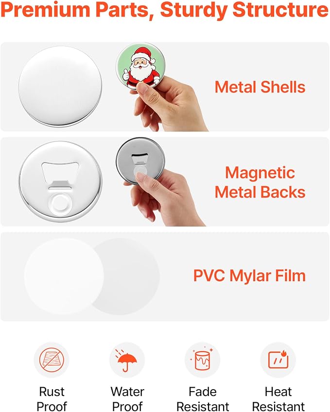VEVOR Button Maker Supplies 50 Sets 3 in / 75 mm Magnet Button Parts, with Magnetic and Bottle Opener Backs, Metal Shells, Clear Mylar Films, and Blank Circle Papers, for Home DIY, Kitchen Decor