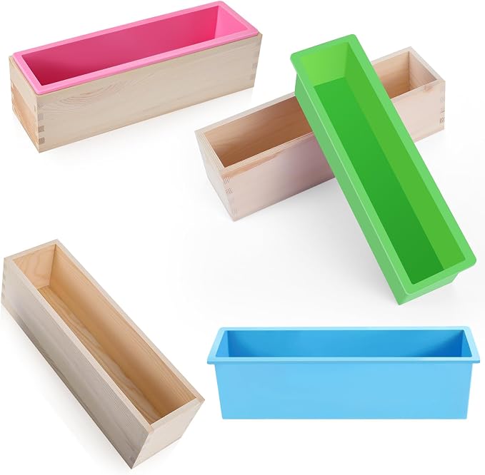 Ziliny 3 Pcs 42oz Soap Loaf Mold Flexible Silicone Mold, Green, Pink, Blue | Rectangular, Wood Box Tray, Making Supplies for Homemade Craft DIY Tool