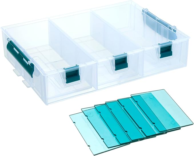 MyGift Single Stackable Tray, Add-on for 11 Inch Clear Arts & Crafts Storage Box with Blue Accents, 9 Compartment Sewing Supplies Organizer 3 Drawers and Removable Dividers