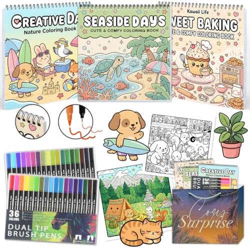 3Pack Adult Coloring Books With Markers, Spiral Bound Stress Relief Art Kit