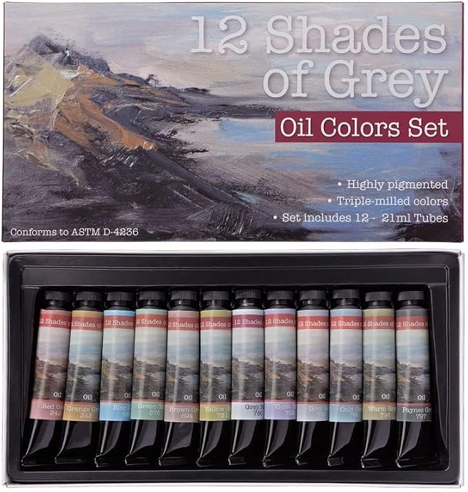 Artist Oil Colors, Set of 12, 21ml Tubes, Assorted, Highly Pigmented Triple Milled Rich Subtle Greys From The Tube