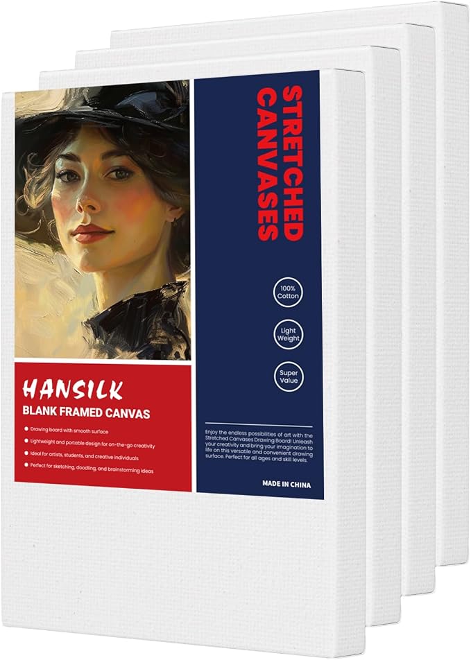 HANSILK 12x16 Canvas 4 Pack, Stretched Canvases for Painting with Primed White Cotton Surface, Blank Art Canvas for Oil & Acrylic Paint Pine Wood Frame, Ideal for Artists, Students & DIY Crafts