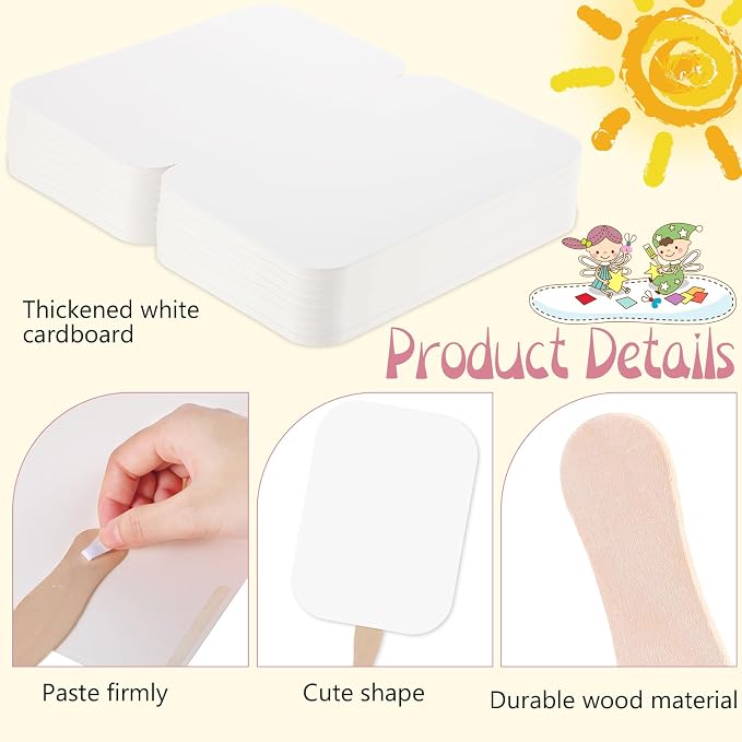 Taobary 50 Pieces DIY Paper Church Fans Handle Wooden Sticks for Wedding | Handheld Blank White Cardstock Craft Fans, Wavy Edge Design, Includes Tape for Events,Celebration,Decoration