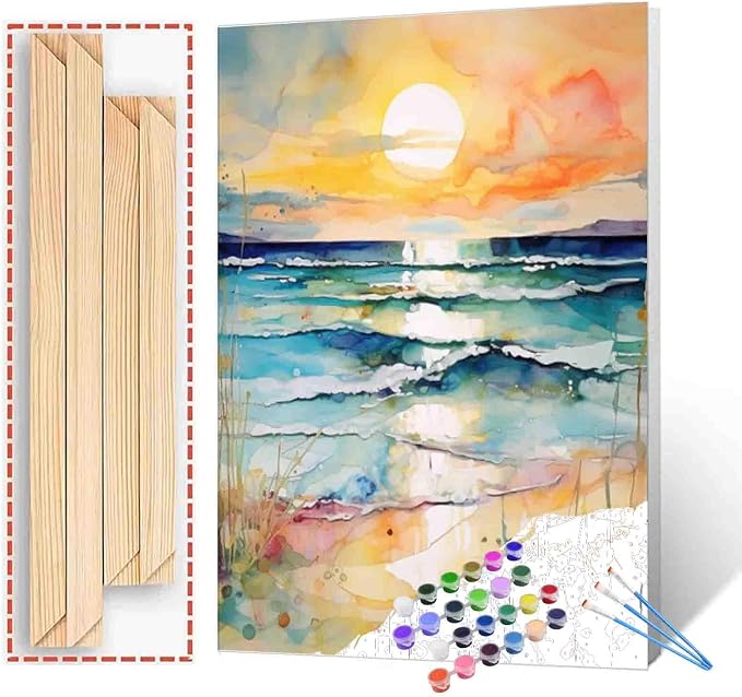 Sea Sunset Abstract Beach View Oil Painting Paint by Number Kits 16 x 20 inch Canvas Graffiti Beach Scenery DIY Painting for Kids Students Adults Beginner with Brushes Acrylic Pigment (DIY Frame)