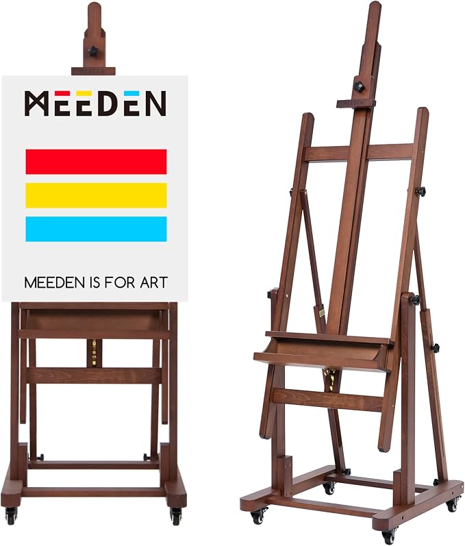 MEEDEN Extra Large Art Easel: H-Frame Wooden Heavy Duty Painting Easel | Solid Beech Wood Artist Professional Easel - Studio Painting Easel Stand with 4 Wheels, Hold Max 82" - Walnut