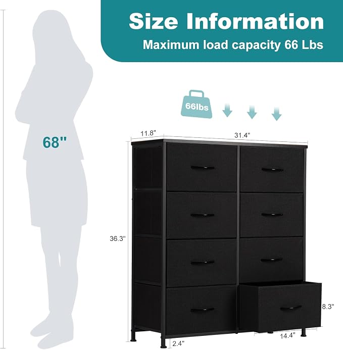 OLIXIS 8 Drawer Storage Dresser for Bedroom, Black Closet Organizers Units