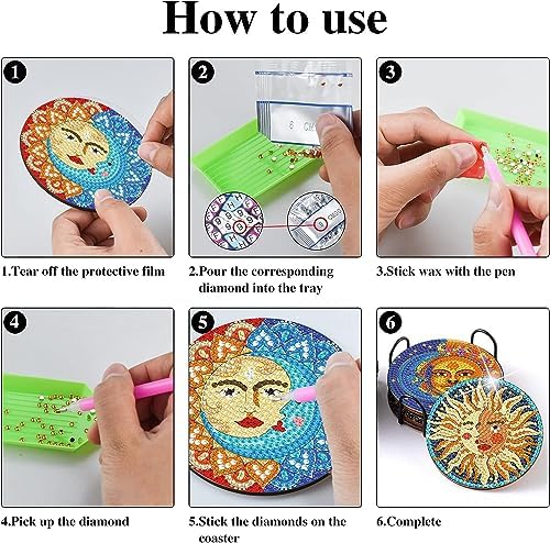 8 Pcs Sun and Moon Diamond Art Coasters Kit for Adults with Holder 4x4in