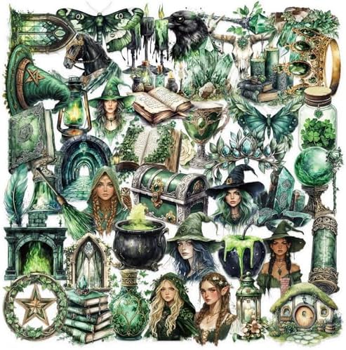 50pcs Transparent Vintage Stickers for Kids,Vintage Forest Witchy Sticker Waterproof PET Stickers for Scrapbook Journaling Photo Album Collage Card Nature Magic Sticker for Teens and Adults (WITCHY2)