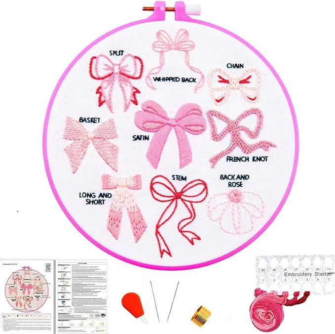 Pink Bowknot Embroidery Kits for Beginners Adults, Cute Hand Embroidery Starter Kits, Counted Cross Stitch Kits for Beginners DIY Craft Kits for Adults Women, Embroidery Hoops, Thread & Video Tutorial