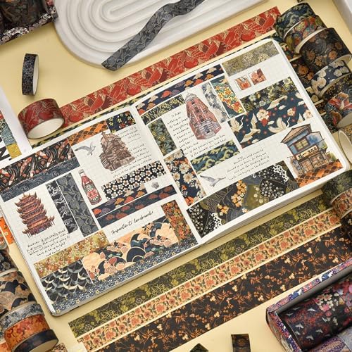 12 Rolls Kyoto Charm Washi Tape Set Japanese Arts Adhesive Tapes Geometric Garden Decorative Masking Tape Sets for Craft, Kids, Scrapbook, DIY, Gift Wrapping (Cerulean Showa)