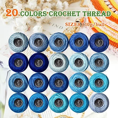 Soft 20 Colors Classic Crochet Thread 20 Pack,100% Cotton (blue-800-159)
