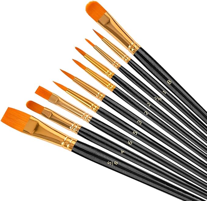 Soucolor 10-Pack Round Tip Paint Brushes, Acrylic Oil Watercolor, Black | Soft synthetic bristles, nickel ferrules, easy-clean design — ideal for acrylic, oil, watercolor, face, nail & rock art.