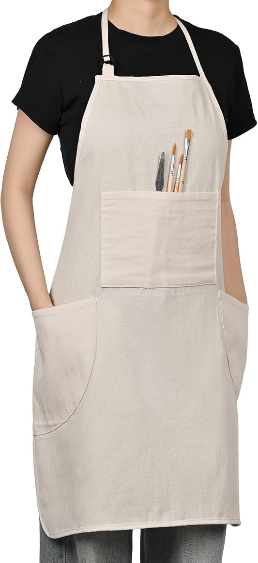 Painting Apron for Men and Women, Professional Cotton Canvas Bib | For Acrylic, Oil and Watercolor Painting, With 3 Pockets, Adjustable