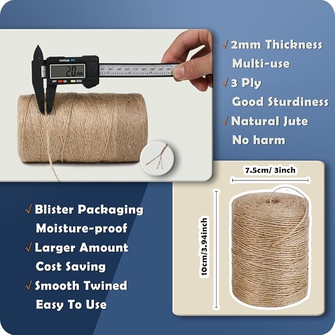 10Pack 2mm Natural Jute Twine String 8000 Feet Long Twine String for Crafting Gardening Gift Wrapping Macrame DIY Home Decor (Brown-800Feet/Roll)