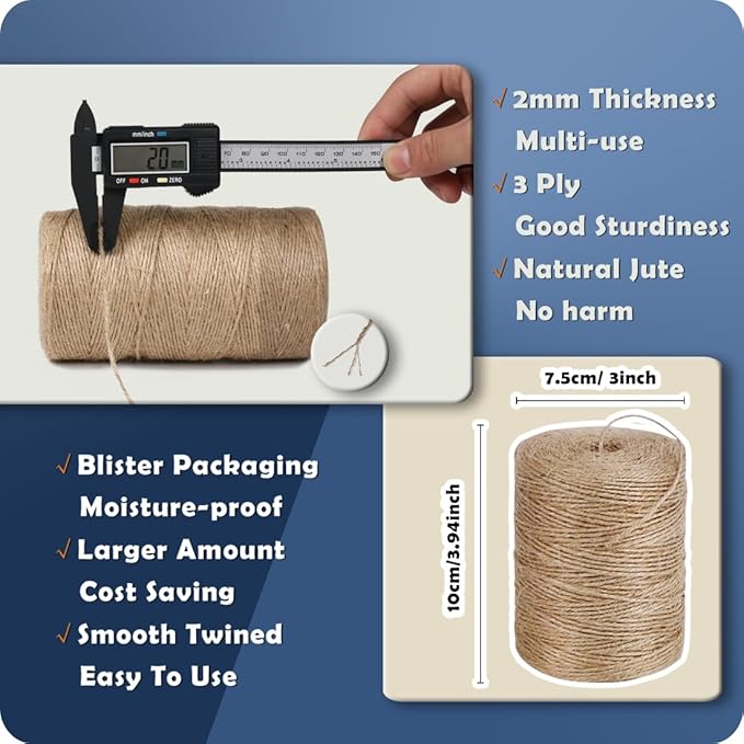 2Pack 2mm Natural Jute Twine String 1600 Feet Long Twine String for Crafting Gardening Gift Wrapping Macrame DIY Home Decor (Brown-800Feet/Roll) (Pack of 2)