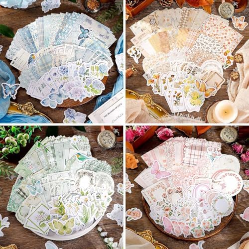 LIGHOON 400 Pcs Vintage Floral Scrapbook Paper, Floral Journaling Stickers Kit, 4 Pack Junk Journal Supplies for Bullet Journaling DIY Retro Crafts Planner Card Notebook Album