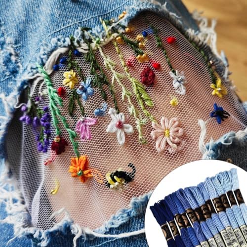 105 Yards 12 Skeins Gradient 6 Strands Marine Blue Cross Stitch Thread Polyester Variegated Embroidery Floss Friendship Bracelet String Assorted Bulk for Hand Sewing Making Knitting Supply