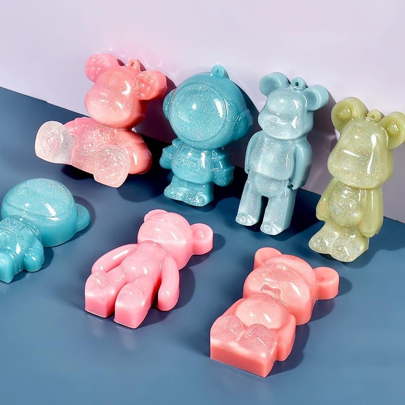 7 PCS 3D Bear Keychain Resin Mold for Epoxy Teddy Bear Pendant Silicone Mold with Hole Jewelry Making Craft Animal Epoxy Casting Molds for Candy Fondant