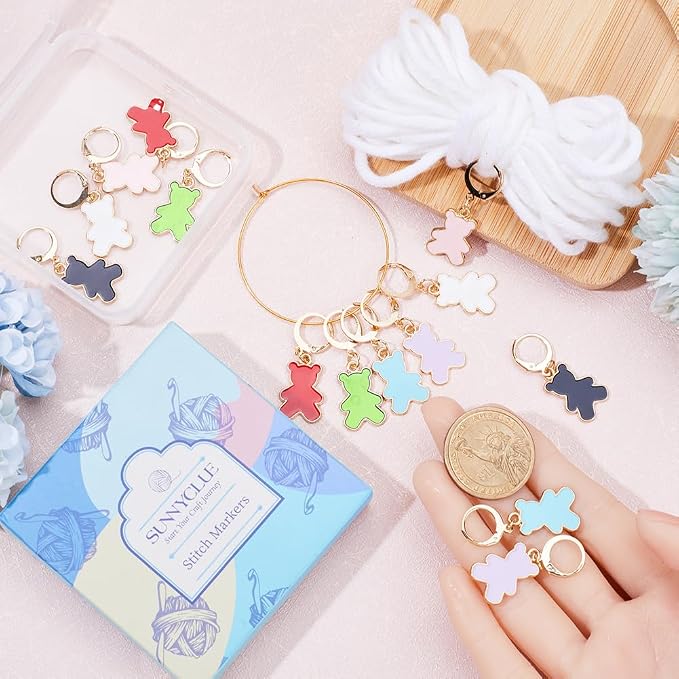 SUNNYCLUE 1 Box 14pcs Crochet Stitch Marker Stitch Markers Knitting Bear Stitch Marker Charms Animals Leverback Enmamel Cute Stitch Marker for Knitting Weaving Sewing Needleworks DIY Craft Supplies