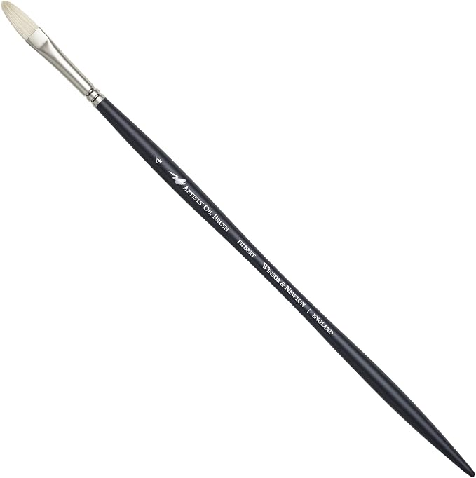 Winsor & Newton Artists' Oil Hog Paint Brush, Long Handle Size 4, Filbert | Handcrafted with interlocked Chungking bristles; Have spring, stiff, & flagged allowing large amounts of colour to be carried