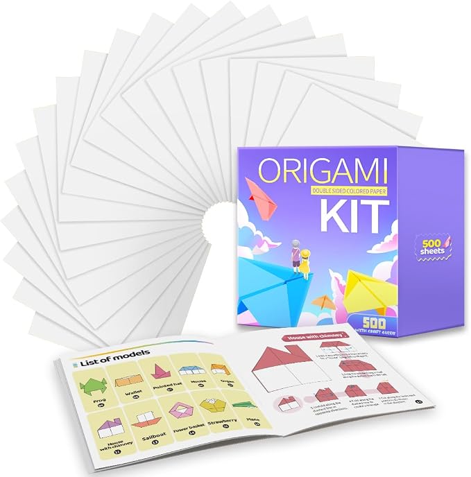 Praisebank White Origami Paper, 500pcs 6x6 inch, Double Sided Color, Origami Kit with Guide instruction for Crafts
