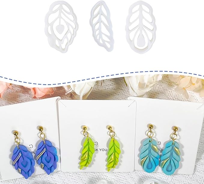 Xaekicr Polymer Clay Cutters Feather Leaf Set – 3PCS Boho Clay Earring Cutters for Polymer Clay Jewelry, Hollow Leaf Clay Cutters Shapes and Tools for DIY Earrings and Crafts
