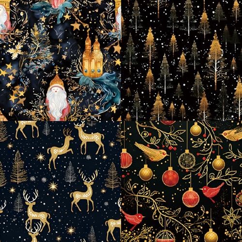 6x6 Scrapbook Paper Pad - Black Gold Christmas 160gsm Heavyweight Cardstock, 24 Pcs Vintage Santa & Reindeer Decorative Paper for Holiday Cards, Junk Journal & DIY Crafts