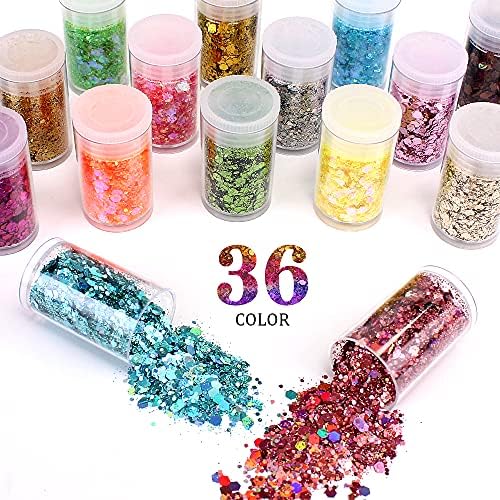 Chunky and Fine Glitter Mix, Estanoite 36 Colors Chunky Sequins & Fine Glitter Powder Mix, Cosmetic Makeup Flakes for Face Body Eye Nail Art Resin Epoxy