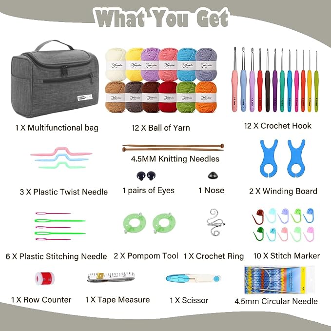 Yarniss Crochet Kit for Beginners,All Inclusive Crochet Set for Adults,Grey | 840 Yards Crochet Yarn and 12 Sizes (2.0-8.0mm) Ergonomic Hooks with Organizer Bag,Learn to Crochet with Step by Step Video T