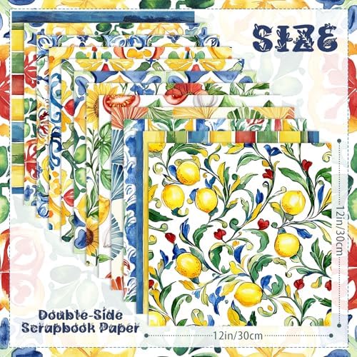 24 Sheets Watercolor Italian Tiles Scrapbook Paper, 12 Styles Watercolor Italy Tiles Seamless Patterns Decorative Craft Paper Folded Flat for Summer Card Making Photo Album Decor, 11.8'' x 11.8'