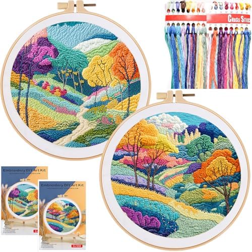 FONNUY 2 Set Embroidery Kit DIY for Adult Beginner, Pre-Stamped Patterns Mountain Sea Embroidery Kits with Hoop, Colored Threads and Needles, Easy to Follow Needlework (Autumn Trees)