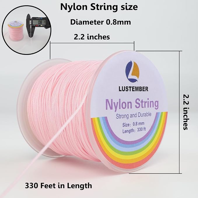 LUSTEMBER 0.8mm Nylon String, Strong Bracelet String, Durable Nylon Cord for Jewelry Making, Bracelets, Beading, Necklaces, Rattail Braiding, Kumihimo, Wind Chimes, Blinds and Handicrafts