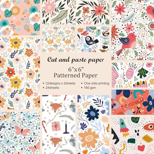 6x6" Cardstock Single Sided Scrapbooking,Craft Decorative Scrap Book Paper | 160gsm,24-Sheet 12Patterns Colored Paper,Junk Journal Supplies,Vivid Origami Papers DIY Craft Gift Wrapping Album.Flower Bird
