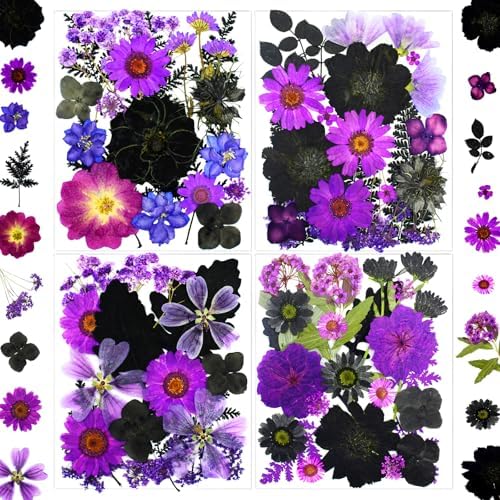 MIKIYA 92Pcs Purple Black Pressed Dried Flowers for Resin, Real Natural Bulk Assorted Dry Leaves Floral for DIY Art Crafts, Epoxy Molds, Jewelry, Soap, Candle Making, Nails Decors