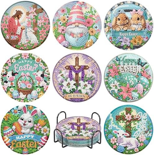 NEGEKFKX 8 Pcs Easter Diamond Art Painting Coasters Kits,Christianity Coaster with Holder for Adults, Non-Slip DIY Dot Paint Craft Kits,5D Full Drill DIY Diamond Dot Gem Art Kit Home Decor Arts Craft