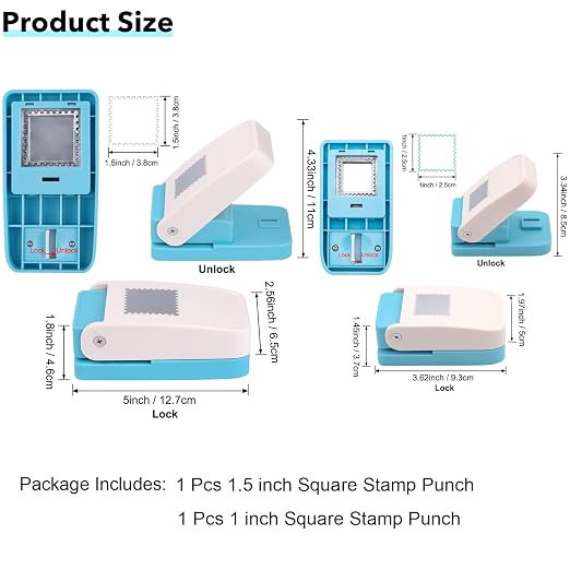2 Pcs Square Stamp Punch, 1.5 Inch & 1 Inch Stamp Puncher, Stamps Shaped Paper Punch, Lever Postcard Paper Punches for Crafting, Journal Postage Stamps Cutter Hole Punches for Scrapbooking Journaling