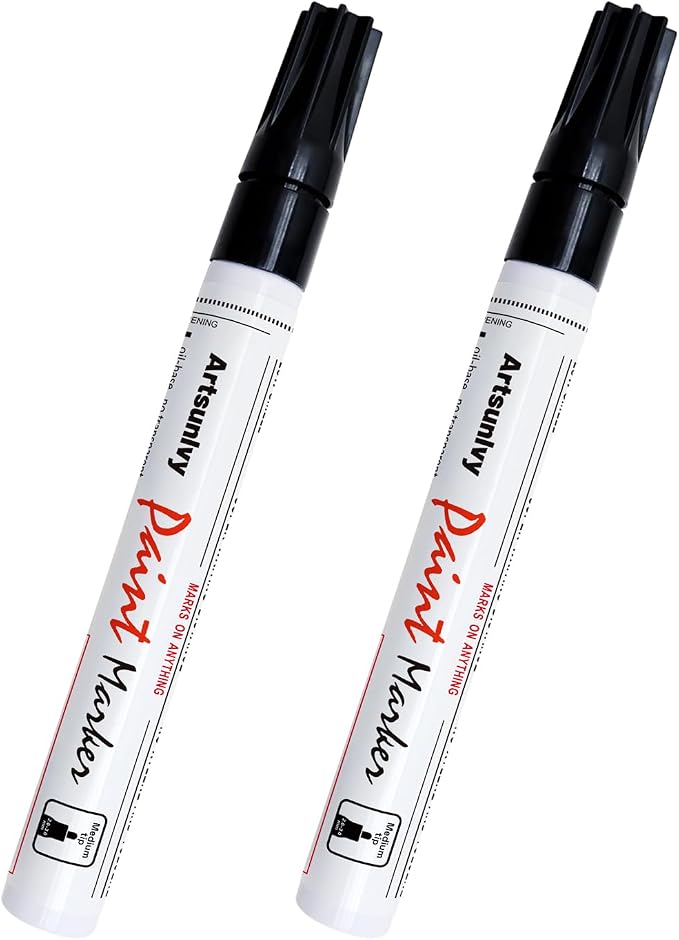 Artsunlvy Black Paint Pens Permanent Markers - 2 Pack Oil Based Quick Dry Waterproof Markers for Plastic, Tire, Rubber,Wood, Rocks, Metal, Canvas, Dark Surface,Craft Art Supplies,Medium Point