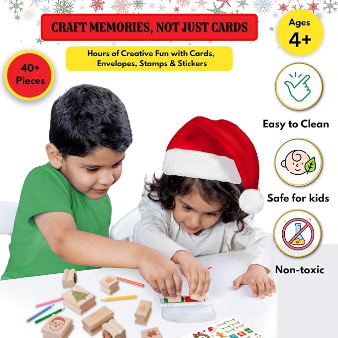 48 Piece Merry Christmas Craft Kit Wooden Stamp Set with Ink Pads Colored Pencils Stickers Cards Envelopes DIY Holiday Card Making Set for Kids Adults Classrooms Festive Family Fun