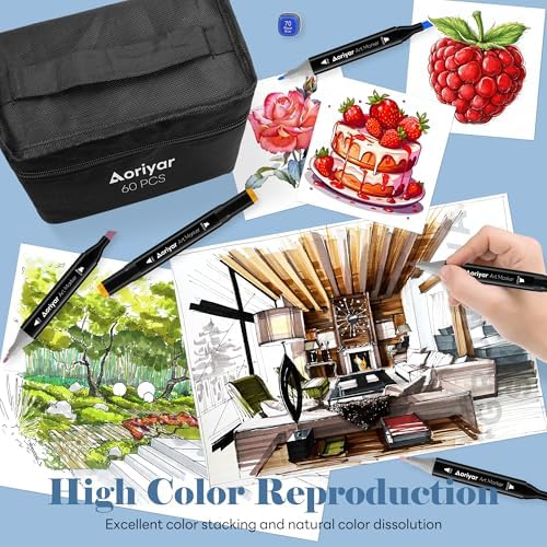 Alcohol Markers Dual Tip Art - 60 Colors Marker Set | Adult Brush Tip Drawing Pens, Artist Coloring Alcohol Based Art Markers Chisel Tip Double Sided Marker School Painting Gift