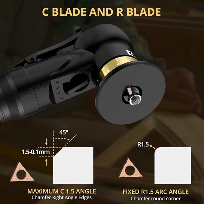 AMTOVL Pneumatic Chamfering Tool - Mini Air Chamfer Tool with 6 C-Angle & 6 R-Angle Blades, 45° 30000 RPM Chamfering Tool for Metal and Wood with 1/4" Air Inlet