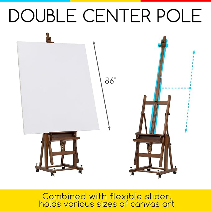 MEEDEN Enlarged H-Frame Art Easel: Solid Beech Wood Artist Heavy Duty Easel | Professional Painting Art Easel Stand for Adults Artist Painters - with 4 Lockable Wheels - Hold Canvas up to 86" - Walnut