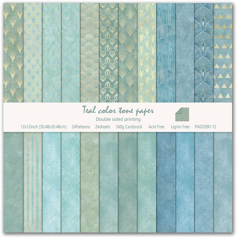 Teal Color Art Deco Scrapbook Paper 24 Sheets Pattern Paper Double Sided Printing for DIY Card Making Scrapbook Wedding Photo Album Home Décor-12 x 12 Inches