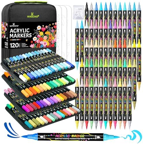 120 Colors Acrylic Paint Markers, Dual-Tip Brush Paint Pens for Painting | Permanent Drawing Markers Set For Wood, Rock , Fabric, Canvas, Glass, Ceramic, DIY Craft Art Supplies, 60 Pack