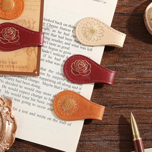 3PCS Vintage Magnetic Leather Bookmark, Leather Magnetic Bookmarks for Women, Magnetic PU Bookmarks Clip Book Accessories, Gilded Flower