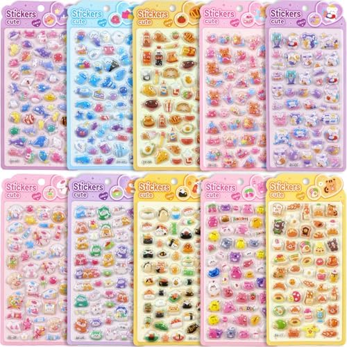 3D Puffy Stickers, 10 Sheets 500+ PCS Mini Kawaii Resin Decorative Stickers for Scrapbooking Phone Case, Notebook, Journal