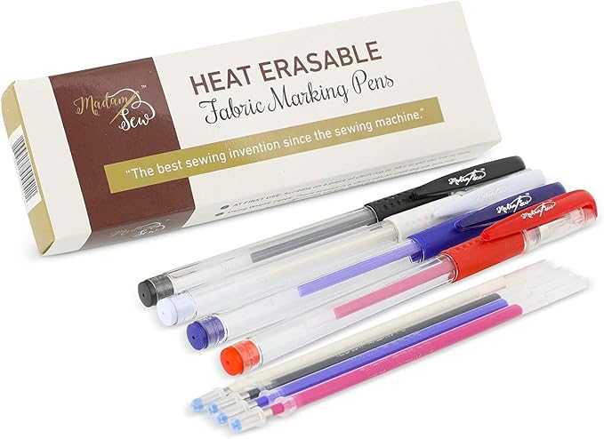 Madam Sew Heat Erasable Fabric Marking Pens for Sewing and Quilting | Fabric Markers for Sewing, Embroidery, Dressmaking with 4 Pens + 4 Refills | 8-Piece Set No Ghost Lines, Disappearing Ink